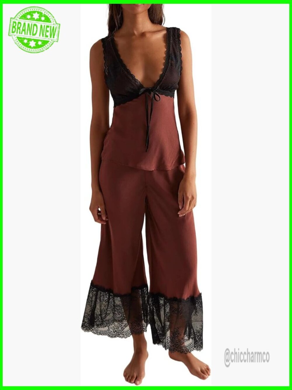 2 Piece Lace Patchwork Satin Going Out Set - Cami Pants 2pc Set